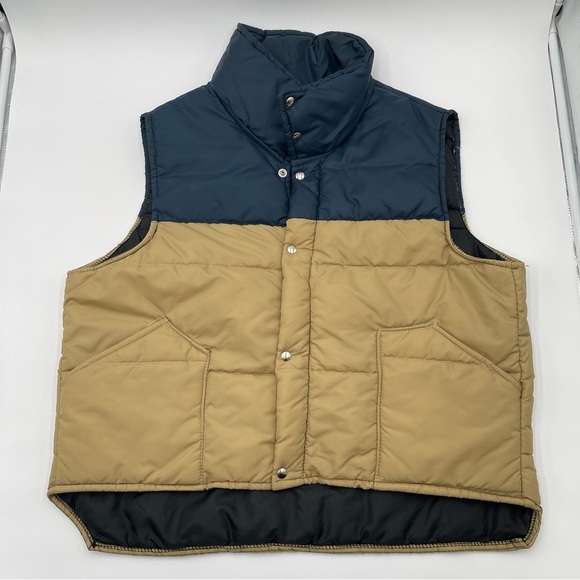 VTG 80s Puffer Vest Mens XL Blue Tan Two Tone Quilted Insulated Outdoors Snap - Picture 4 of 15
